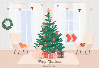 A cozy living room with armchairs and panoramic windows with a Christmas decorated tree and gifts. Flat style vector illustration