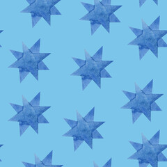 Fototapeta premium Watercolor seamless pattern. Blue stars on a pale blue background. Trendy style for design of newborn boy's room, children's room, greeting card, wrapping paper, linen, pyjamas, winter background