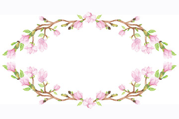 Fototapeta na wymiar Watercolor hand painted nature floral wreath frame with pink magnolia flowers and green leaves on brown branch composition on the white background with space for text