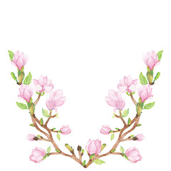 Watercolor hand painted nature floral wreath frame with pink magnolia flowers and green leaves on brown branch composition on the white background for card design