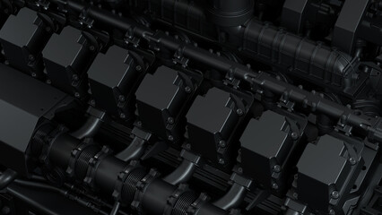 Dark industrial background with a diesel engine. Detail of black mechanism. 3d illustration