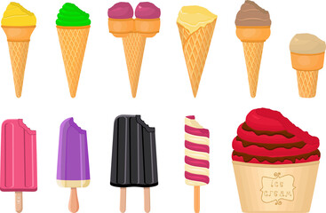 big kit ice cream popsicle different types in cone waffle cup