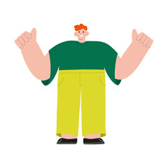 A happy man shows an thumbs up sign. Smiling joyful man. Body language. Flat cartoon vector illustration isolated on white background. Positive person with good emotions.