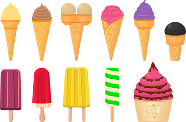 big kit ice cream popsicle different types in cone waffle cup