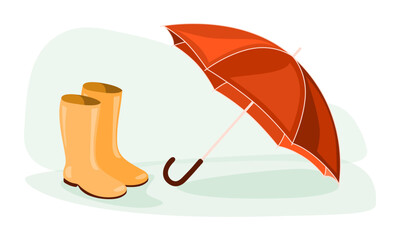 Bright orange - red umbrella on puddle. Isolated clipart elements on white background. Hand drawn illustration for decoration, scrapbooking, textile, wall paper, greeting cards design.  © Atelier Mokum