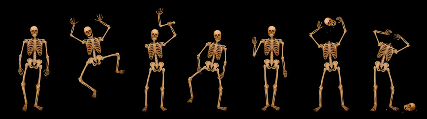 Skeletons, differing poses, walking, jumping, scaring, waving, greeting, juggling with the head and being headless – creepy, spooky, frightening but funny. Vector on black background.
 - obrazy, fototapety, plakaty