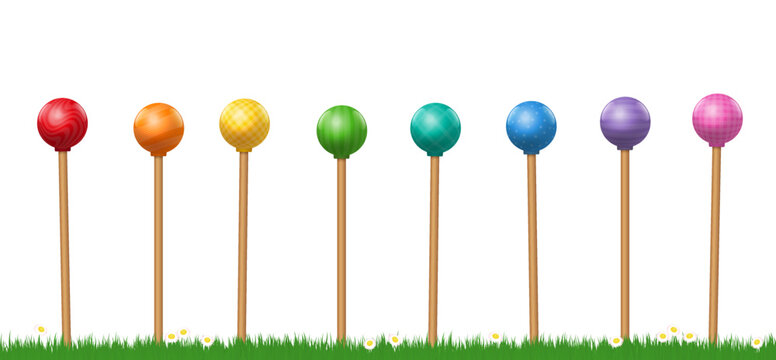 Glass gazing garden balls, rainbow colored set of yard globes on wooden sticks, decoration sculptures with differing patterns and colors - red, orange, yellow, green, blue, purple, pink. Vector.
