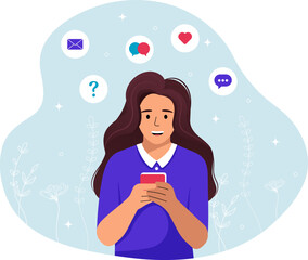 Girl with a phone in her hands, flat style, cartoon girl.