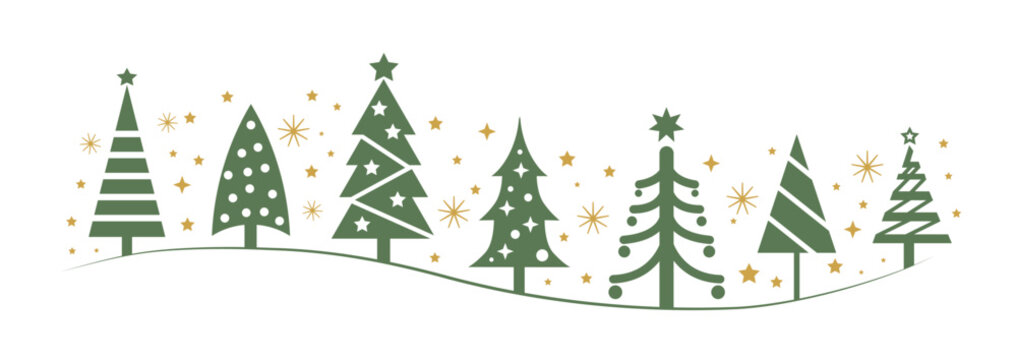 Collection of green Christmas trees and golden Stars in different design - vector illustration