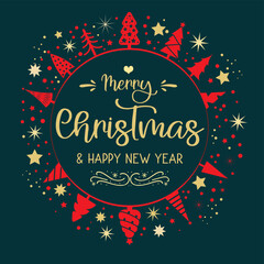 Merry Christmas Calligraphy - Red and golden color on dark green background