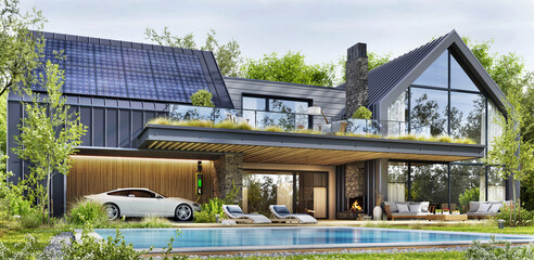 Modern architecture. Luxurious large house with pool and solar panels