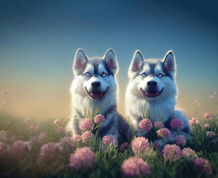 cute and adorable cartoon twin fluffy baby husky dogs sitting together in the meadows, digital painting in 3D cartoon movies style