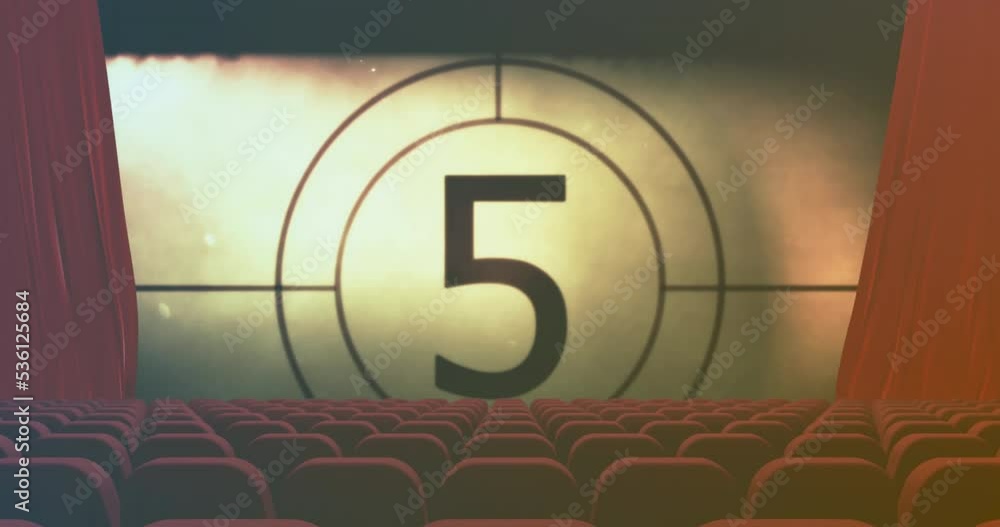 Poster animation of retro movie countdown in circle at empty cinema theater with red chairs and curtains