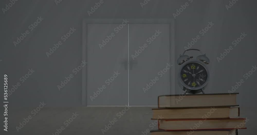 Poster Animation of alarm clock on books over table and light streaming through window