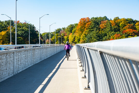 A Woman Cycling On A Bridge Over Credit River On A Sunny Autumn Day With Colorful Foliage In The Background