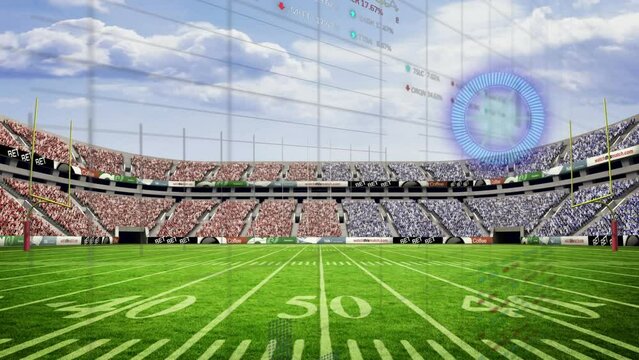 Animation of financial data processing and scope scanning over stadium