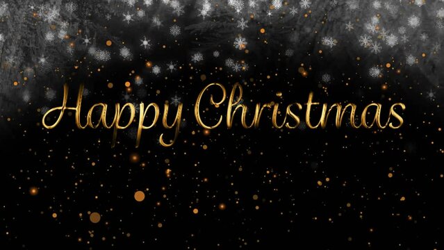Animation of snow falling and light spots over happy christmas text on black background