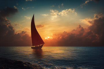 Majestic sailboat silhouette against a dramatic sunset, encapsulating the freedom of the sea. 
