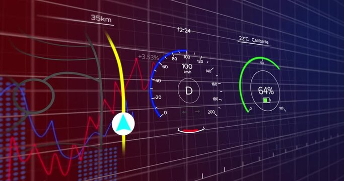 Animation of speedometer, battery indicator and navigation line with multicolored graphs