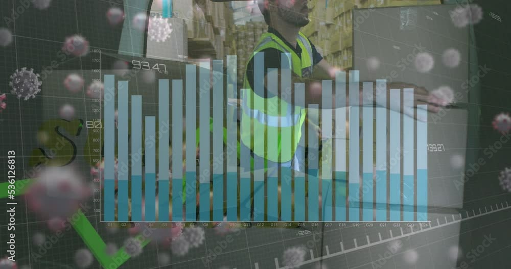Poster animation of financial data processing and virus cells over diverse workers in warehouse