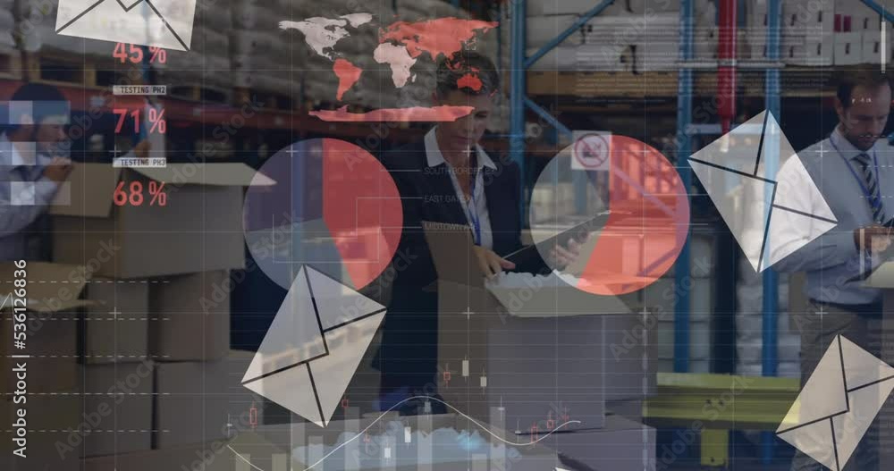 Poster animation of financial data processing with envelope icons over diverse workers in warehouse