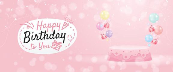 Minimal style birthday banner template design, with cake podium and typography.