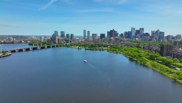 Time Lapse video of Boston Back Bay skyline including John Hancock Tower, Prudential Tower, and One Dalton Street and Cambridge including MIT and Longfellow Bridge in Boston, Massachusetts MA, USA.  
