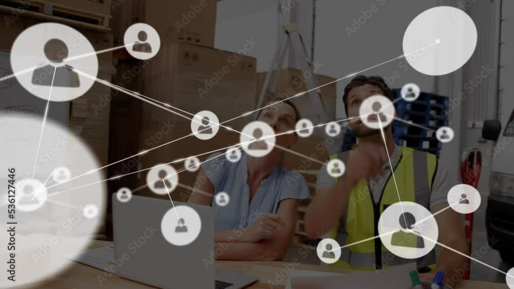 Poster animation of profile icons connected with lines, coworkers discussing over laptop and pointing up