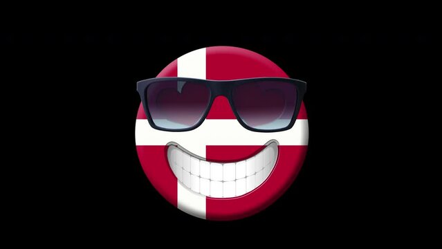 Denmark.Animation of smiling face with 
danish flag, sunglasses and heart-shaped eyes.Animated Emoji. Smiley face icon animation on black background.Emoticon motion design video.