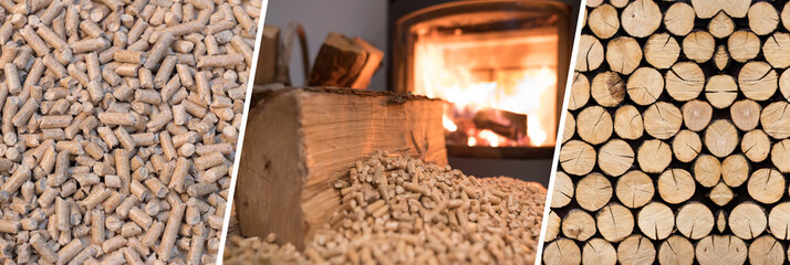 wood burning stove heating the house - choice between firewood or pellet web banner concept - obrazy, fototapety, plakaty
