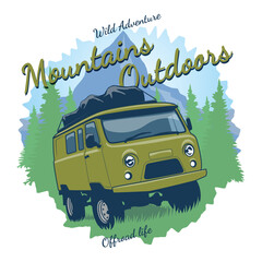 Vector off road car with mountain illustration, T-shirt Graphics, Vintage typography