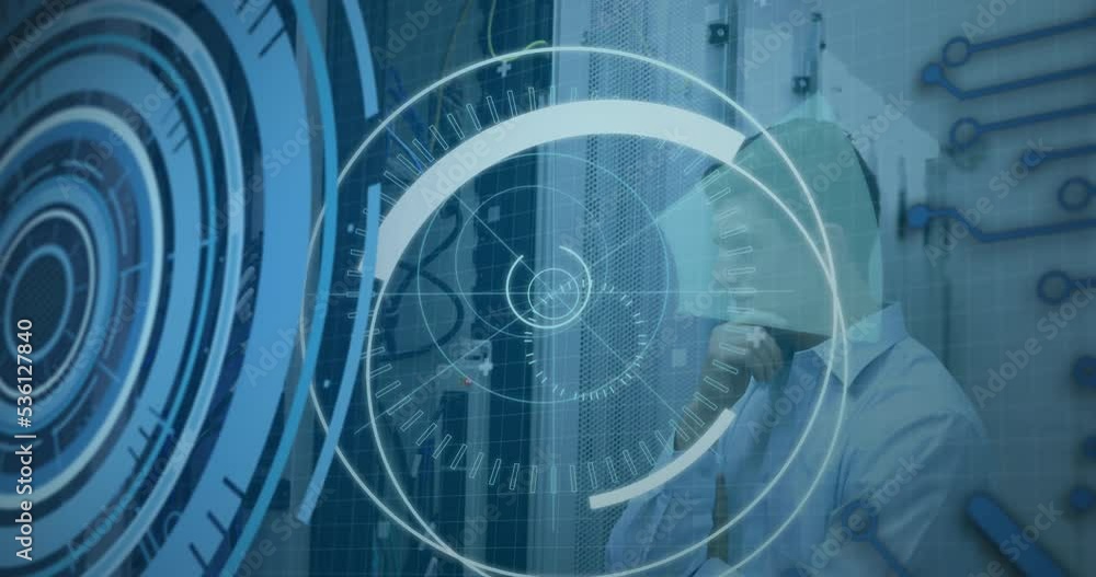 Poster animation of scope scanning with data processing over caucasian man in server room