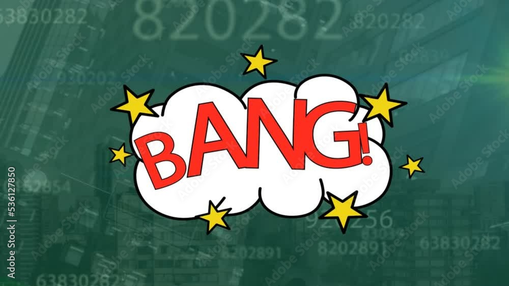 Poster animation of bang text and data processing over cityscape