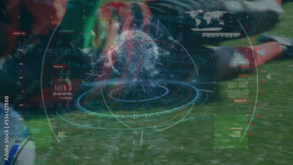 Aufkleber animation of data processing and globe over diverse football players