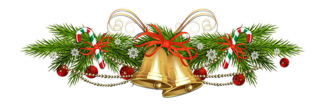 Christmas composition with golden bells, red balls, tree branches and staff, design element.