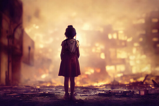 painting of a girl watching over her burned down hometown, mixed digital illustration and matte painting for political warzones concepts
