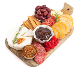 A Meat and Cheese Charcuterie Board on a White Background