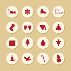 Red Christmas icons set. Traditional New Year elements. Vector stickers isolated.