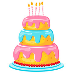 Birthday cake with party candles. Celebration delicious dessert. Vector cartoon birthday cake illustration