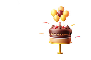 Chocolate birthday cake and anniversary with a colorful balloon and the ribbon 3d illustration transparent 