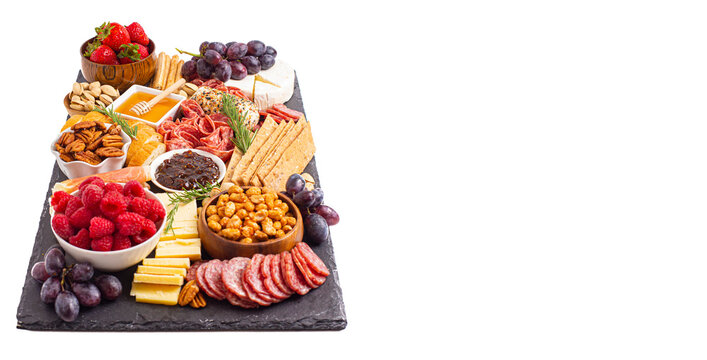 Meat Cheese And Fruit Charcuterie Board On A White Background