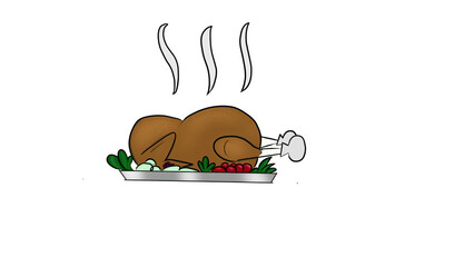 Pavo recién horneado con ensalada de verduras sobre una charola metálica