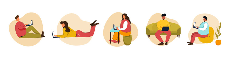 A set with characters who are sitting at the computer from home. office. Online learning. People without a face. Vector stock illustration. Education. social distance