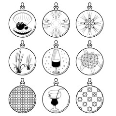 Fototapeta na wymiar Set Black Doodle Outline Simple Line Abstract Collection Christmas Xmas Balls Holiday Decorations Happy New Year Background Vector Design Style