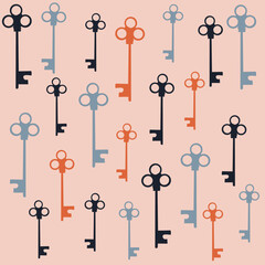 Vintage key seamless pattern in hand drawn style. Vector repeating backgrounds for summer fabric, decoration, wallpaper, backdrop, textile, ornament, and fashion design.