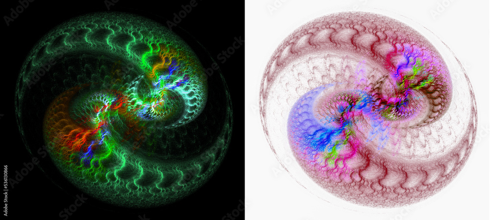 Poster openwork colorful arcuate elements are twisted in a spiral on a white and black background. set of g