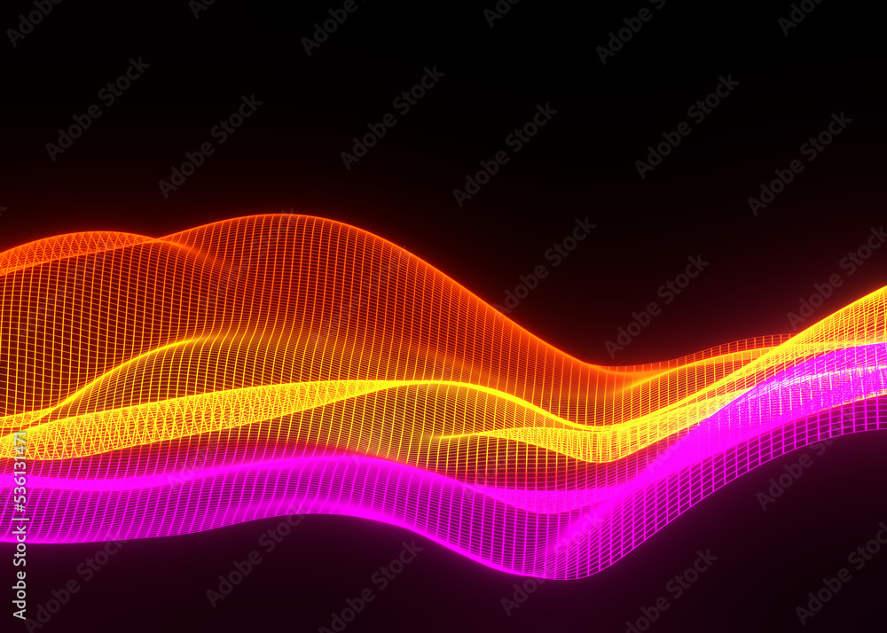 Poster 3d abstract background of flying neon particles in motion, wavy lines flow big data technology and s