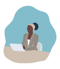 Young black woman works at the laptop. Office worker. It can also be a psychologist, journalist, hr manager or other specialist. Human icon. Vector illustration