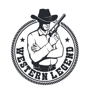 Western retro badge - Cowboy with a gun. Wild west cowboy vintage logo.