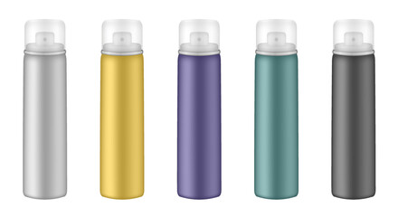 Aluminium tube for hairspray, air freshener container, thermal water spray bottle. White, yellow, purple, green and black bottles. Realistic mockup of aerosol deodorant or dry shampoo. Transparent cap